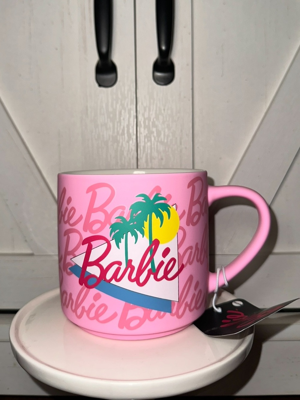 Barbie Pink Vintage Tropical Palm Tree Mug with Yellow Sun Accent